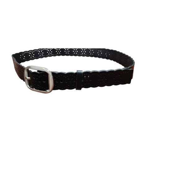 Black Leather Scalloped Cutout Belt Floral Laser Cut Silver Buckle Women Sze48in - Picture 3 of 9